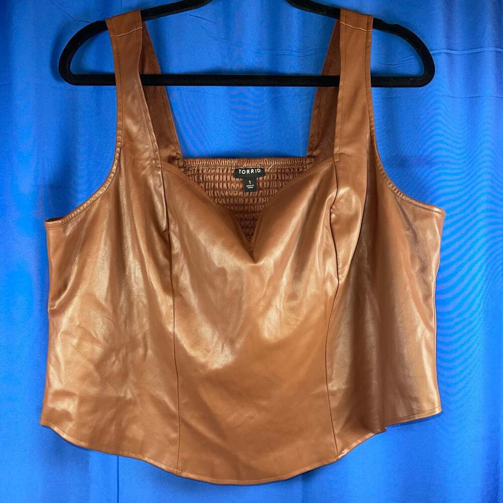 1X - Torrid Brown Faux Leather Cropped Tank Corset Style Top - Picture 2 of 8
